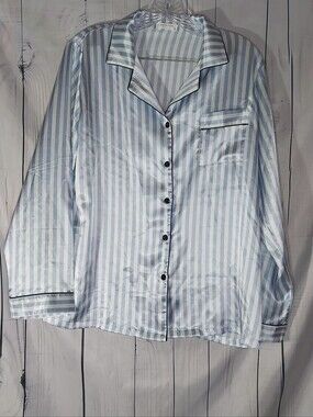 Ekouaer Striped Blue & White Satin Preppy Button-Up Pajama Set